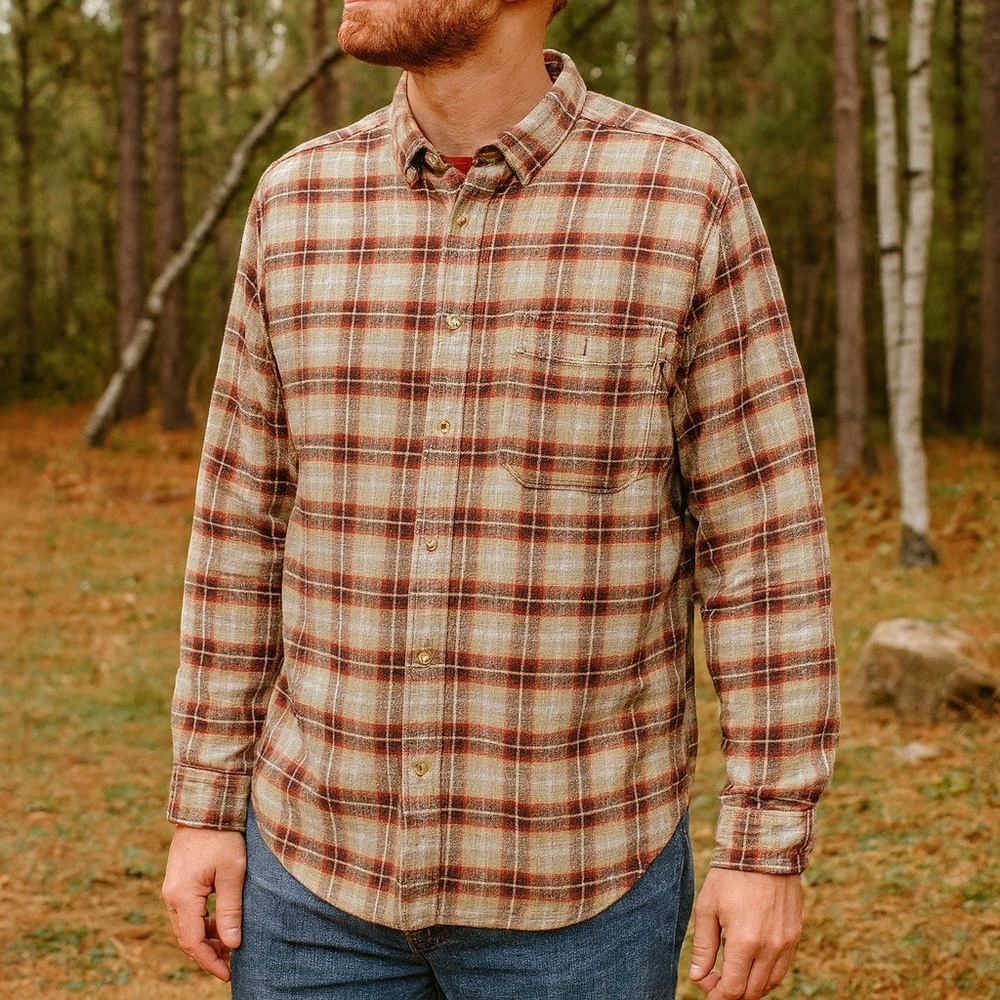 Woolrich Ivory Orange Plaid Button up Lumberjack Cabin Mountains Holiday Men's L